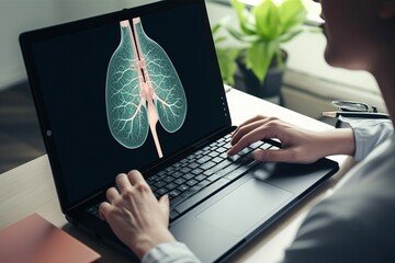 design for Hand touches a lungs on a laptop screen. Online consultation, medical test results. generative ai