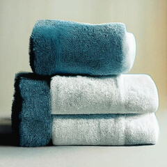 blue and white cotton towels folded on the bed