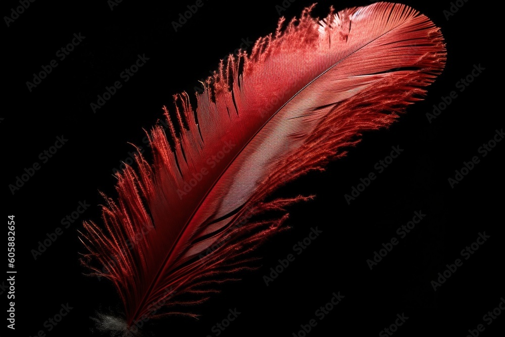 Poster design for red bird feather on black isolated background. generative ai