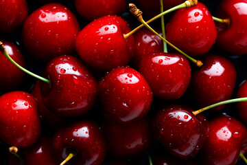 Background of fresh cherries. A close up of cherries with the water drops on them. Generative AI