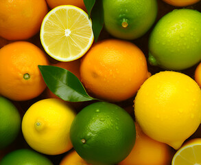 Background from various citrus fruits with leaves. Top view. Generative AI