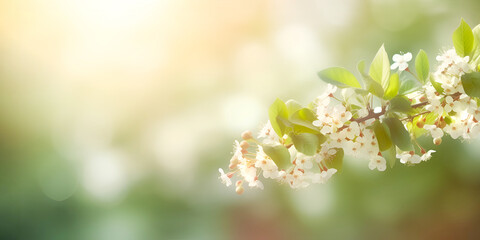 Flowering bird cherry branch with green leaves in soft light on a blurred background. Floral banner. Generative AI