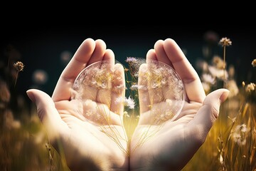 design for image of hands and flowers created by using multiple exposure effect concept implies a care for the environment and its protection ecological compatibility of products et generative ai