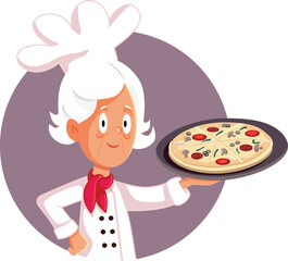 Italian Grandma Cooking a Delicious Pizza Vector Cartoon Illustration. Senior chef serving a Mediterranean dish on a plate
