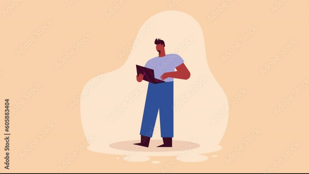Poster man standing using laptop animation