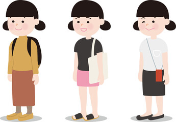 黒髪の女の子　ファッションバリエーション