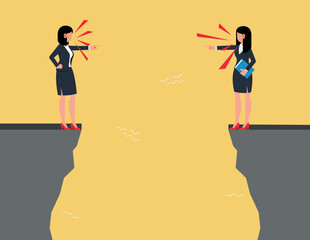 Employee relationship problems in the organization. Two businesswomen are arguing while standing on a cliff.