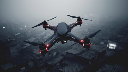 A black drone flies over a black poor depressed village at night. AI generation