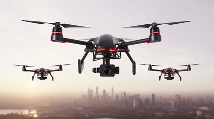 Fototapeta premium Three black drones fly over the town in the morning sunlight. AI generation