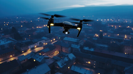 Black scout drone fly over the town at night. AI generation