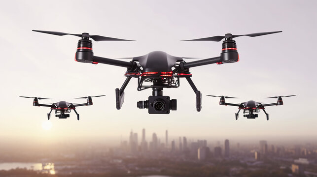 Three black drones fly over the town in the morning sunlight. AI generation