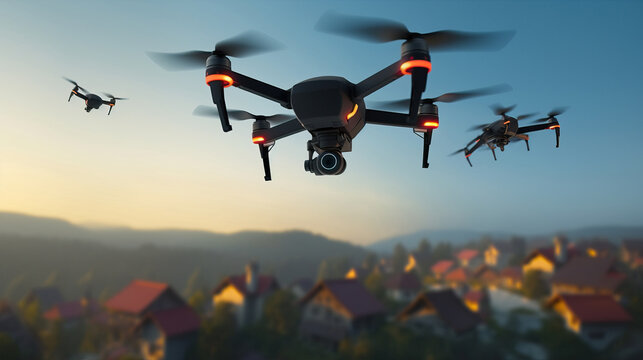 Three black drones fly over the town in the morning summer sunlight. AI generation