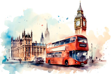 London Big Ben and double decker bus on watercolor painting background.AI Generated  - obrazy, fototapety, plakaty