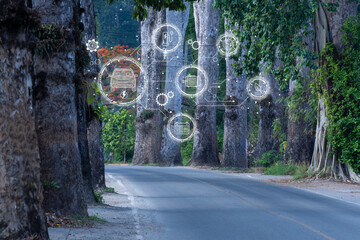 EV icons on beautiful road, Green sustainable energy produced from renewable resources....