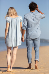 Fototapeta na wymiar rear-view of couple walking on beach in summer