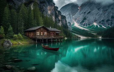 Fototapeta premium a house is docked near a lake in the mountains