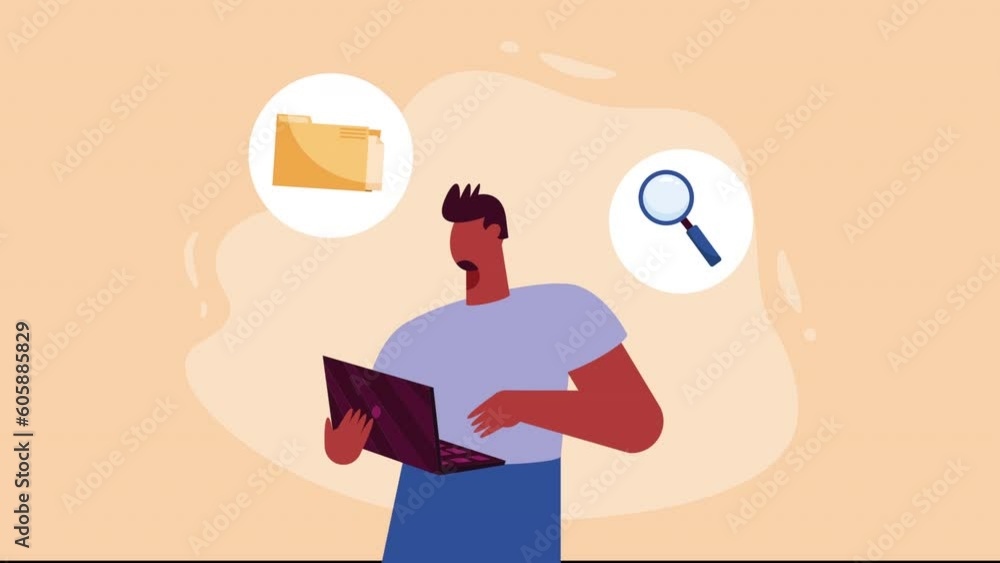 Poster man standing using laptop animation