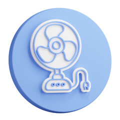 3D button rendering of electric fan for cooling room during hot summer season. Maintaining comfortable temperature in room. Realistic blue white PNG illustration isolated on transparent background