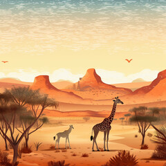 Fototapeta na wymiar Giraffe in the African Desert Landscape Background, created with generative AI technology