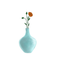 Blue Vase Watercolor with Flowers Boho Style PNG 