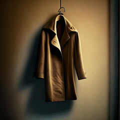 красивый коричневый жакет или плащ висит на вешалке