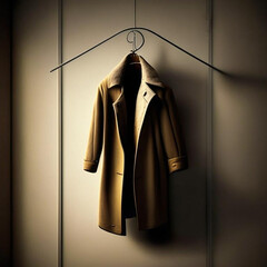 красивый коричневый жакет или плащ висит на вешалке