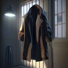 красивый коричневый жакет или плащ висит на вешалке