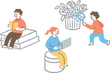 本と缶とフラワーベースと男女3人