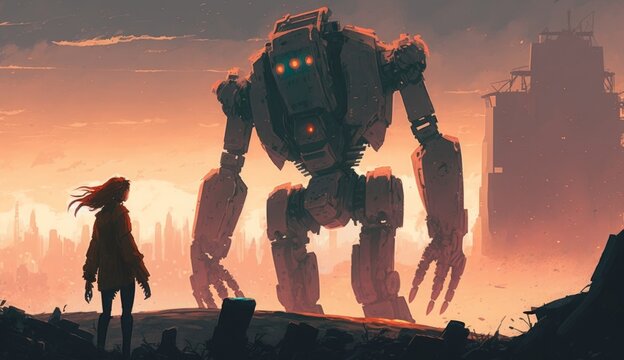 Sci-fi Scene Of Couple Holding Gun Looking At Giant Robot Standing In Destroyed City, Digital Art Style, Illustration Painting, Generative AI