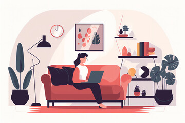 Illustration of Woman working from home using a laptop for teleconference with her teammates. Generative AI