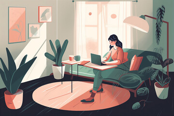 Illustration of Woman working from home using a laptop for teleconference with her teammates. Generative AI