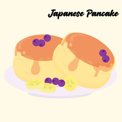 Jiggly Japanese pancake with honey drizzle, bananas, and berries for breakfast or menu illustration