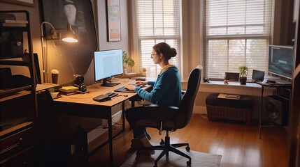 Woman work from home using a laptop for teleconference with her teammates. Generative AI
