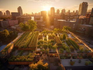 Urban Oasis: Rooftop Garden Basking in Sunset Light