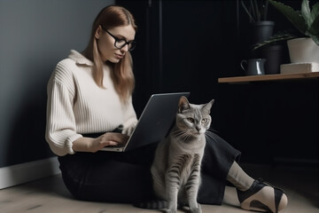 Woman and her cat work from home using a laptop for teleconference with her teammates. Generative AI