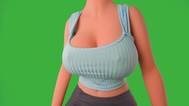Busty upper body torso of a woman with a slim body and very large breasts in a sexy blue top. She is standing around, not moving much. This is a doll, not a real person. No model release necessary.
