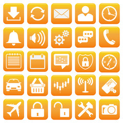 Illustration of 25 simple flat icons in orange.