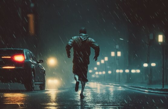 Man Running In Heavy Rainy Night, Illustration, Generative AI