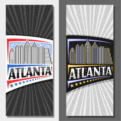 Vector vertical templates for Atlanta, decorative layout with line illustration of urban atlanta city scape on day and dusk sky background, art design tourist card with unique letters for word atlanta - obrazy, fototapety, plakaty
