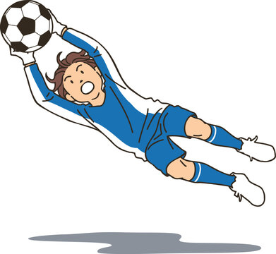 A football goalie jumping to catch the ball