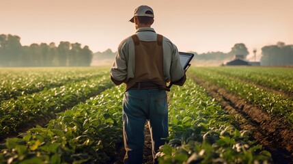 Fototapeta premium Agroecology, agriculture, and management. Farmer in the field with a tablet. Integration of technology in farming practices, enhancing productivity and sustainable agricultural systems. Generative AI