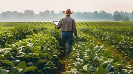 Fototapeta premium Agroecology, agriculture, and management. Farmer in the field with a tablet. Integration of technology in farming practices, enhancing productivity and sustainable agricultural systems. Generative AI