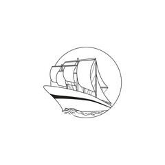 sailing ship logo pattern line art illustration.
monoline design isolated on circle on white background.