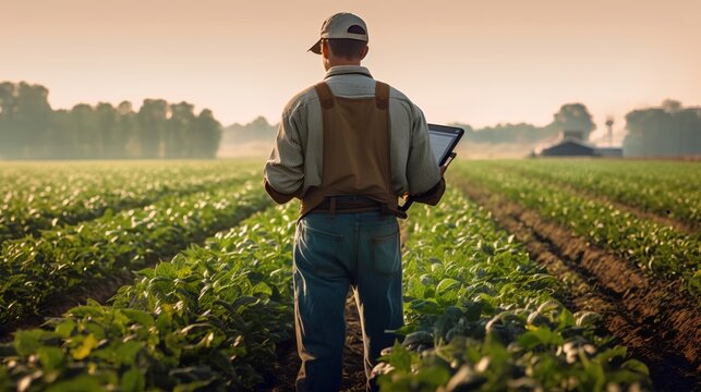 Agroecology, agriculture, and management. Farmer in the field with a tablet. Integration of technology in farming practices, enhancing productivity and sustainable agricultural systems. Generative AI
