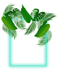 Tropical neon light frame arranged from exotic leaves.