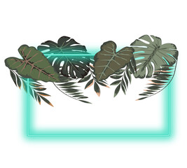 Tropical neon light frame arranged from exotic leaves.