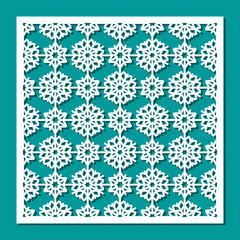 Square panel with snowflakes. Lattice, screen, lace decorative element, Christmas background. Template for plotter laser cutting of paper, fretwork, wood carving, metal engraving. Vector illustration.