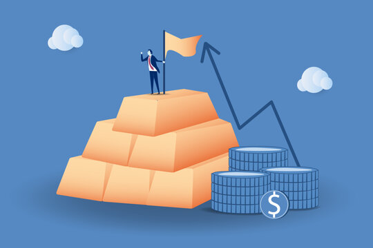 Gold investment, safe haven in financial crisis or wealth management and asset allocation concept, successful wealth manager businessman, vector illustration.