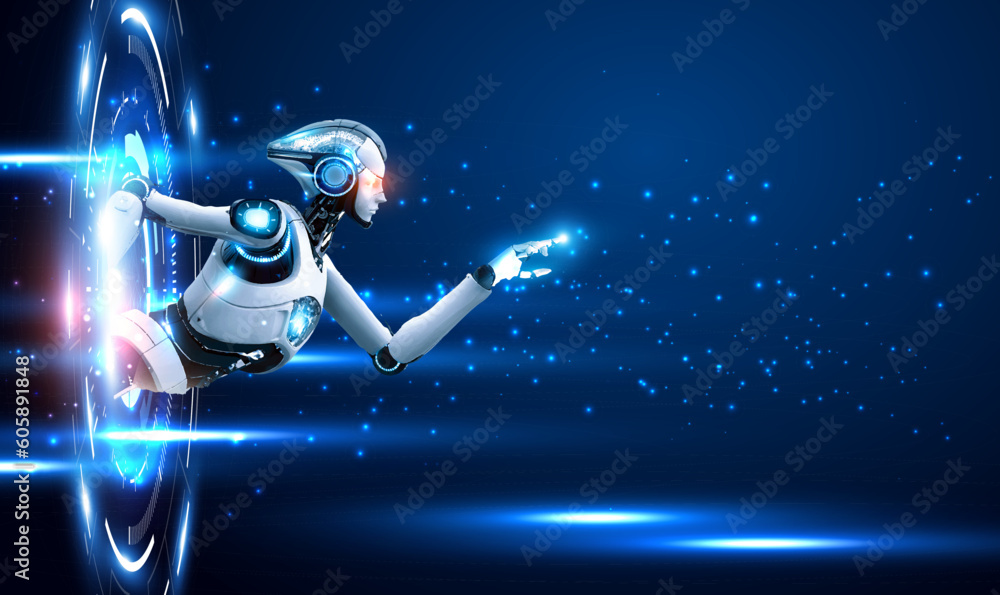 Poster digital technology hologram with robot in cyberspace. artificial intelligence with robot or cyborg w