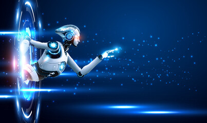 Digital technology hologram with robot in cyberspace.
Artificial intelligence with robot or cyborg woman. Sci-fi digital hi-tech in glowing HUD projector. Magic gate in game fantasy. Vector EPS10